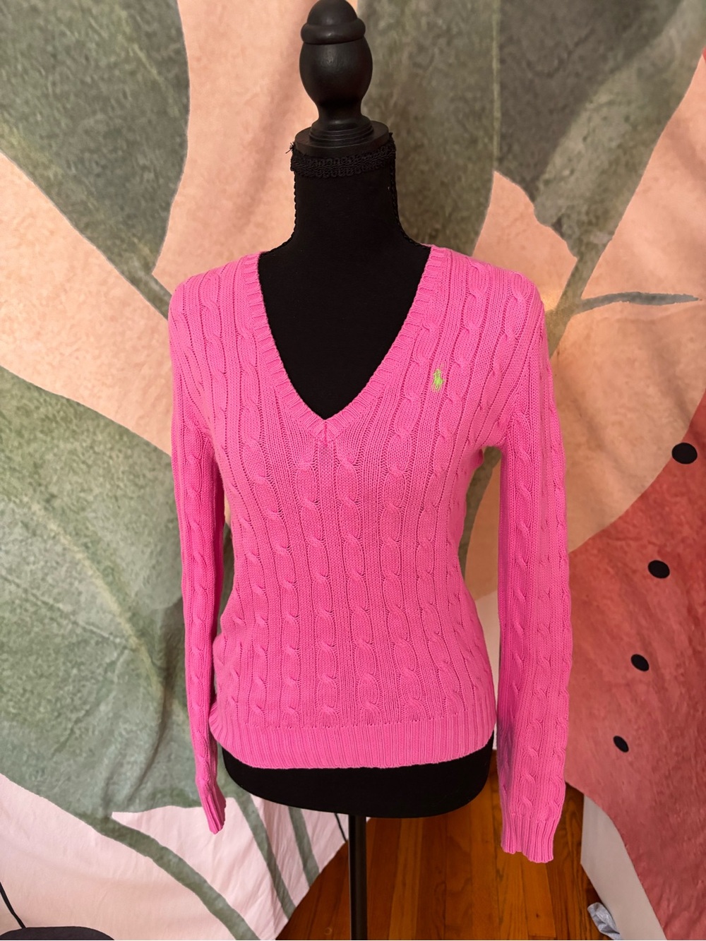 Ralph Lauren Pink Cable-Knit V-Neck Sweater